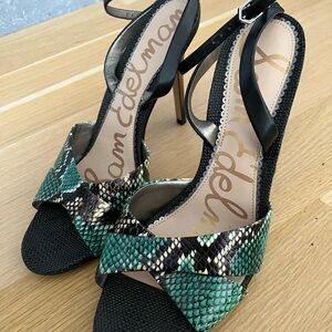Sam Edelman Black and Green Snake Print Leather Strappy Heels